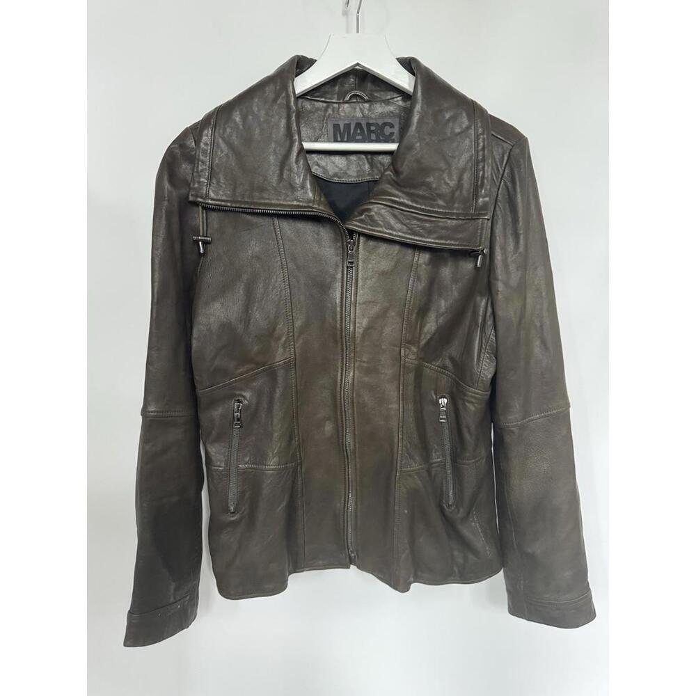 Marc New York Womens Genuine Leather Zip Moto Jacket Biker Olive Green L